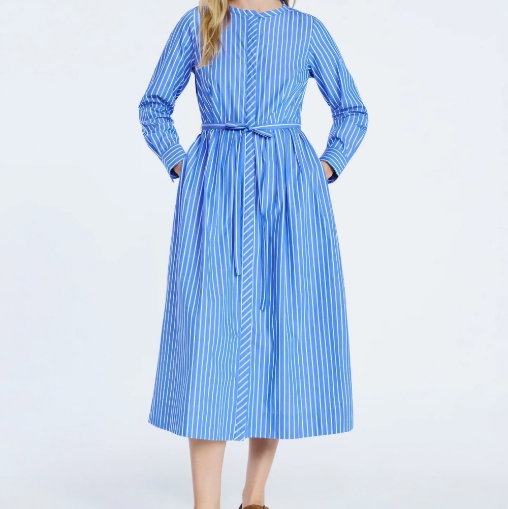 Free Assembly Striped Women's Shirt Dress Blue White Tie Waist, Pockets, NWT